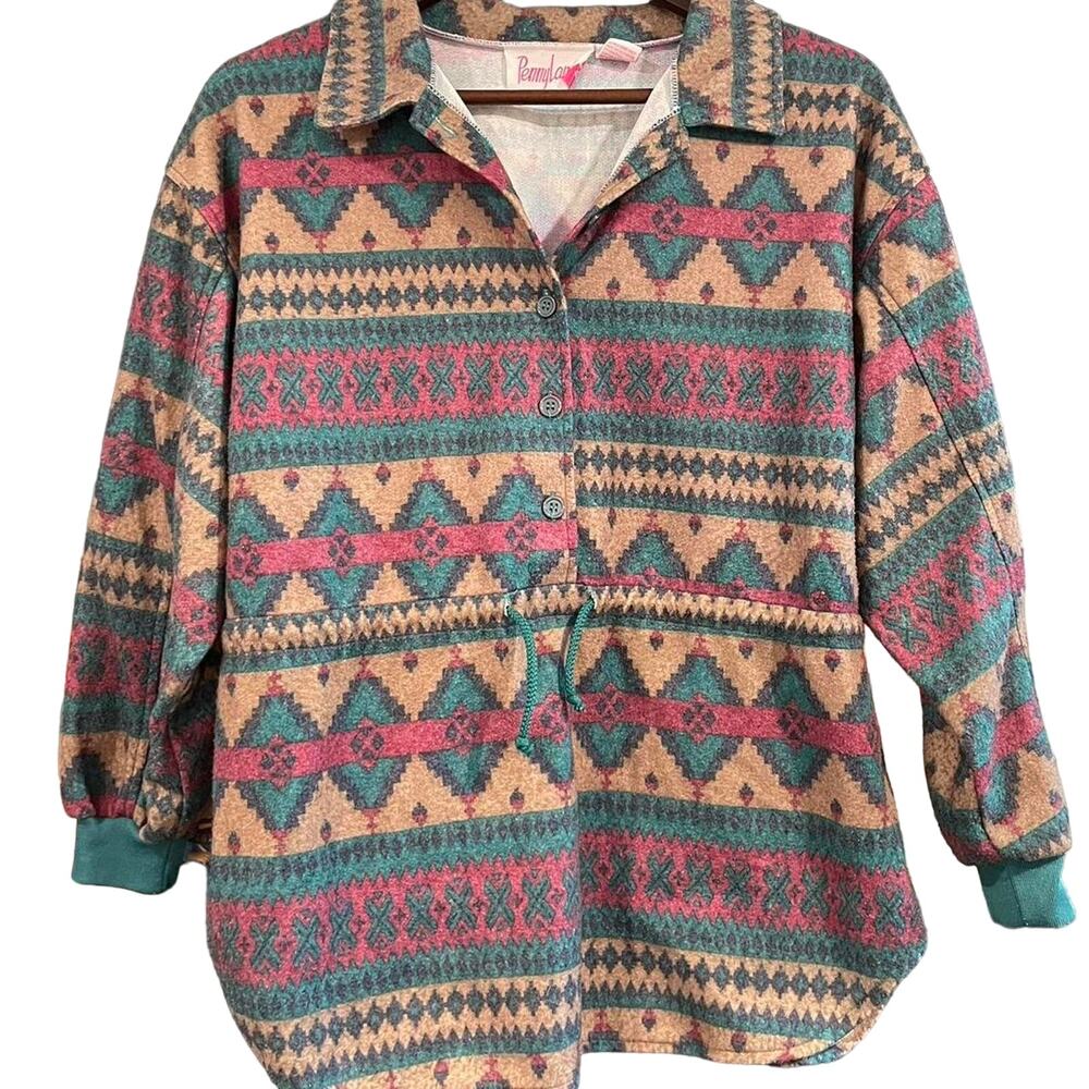 Vintage 90s Aztec Patterned Collar Half Button Down Shirt Women Medium